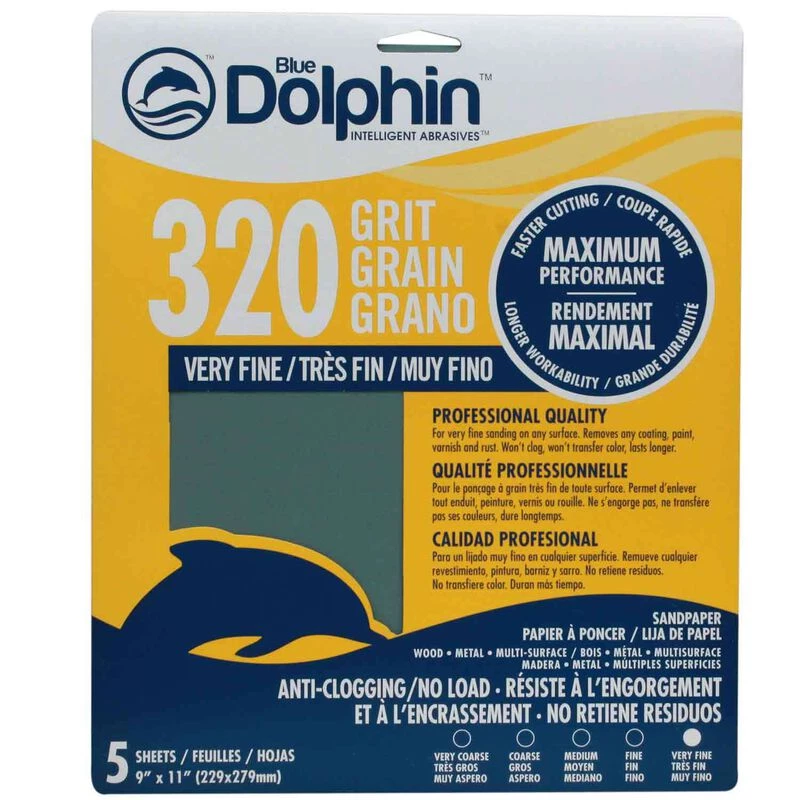 BLUE DOLPHIN Pro Grade Sandpaper Sheets, 320 Grit, 5-Pack