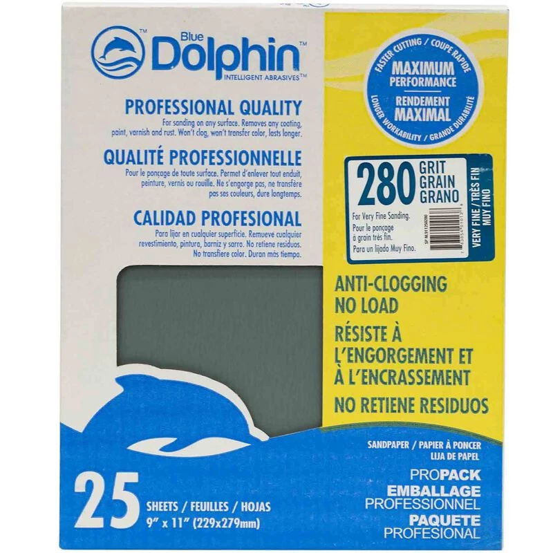 BLUE DOLPHIN Pro Grade Sandpaper Sheets, 280 Grit, 25-Pack