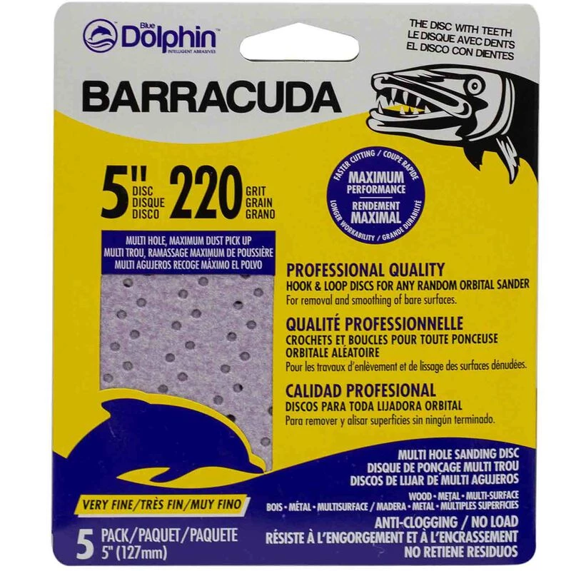 BLUE DOLPHIN Barracuda 5" Pro Quality Sanding Discs, 220 Grit, 5-Pack