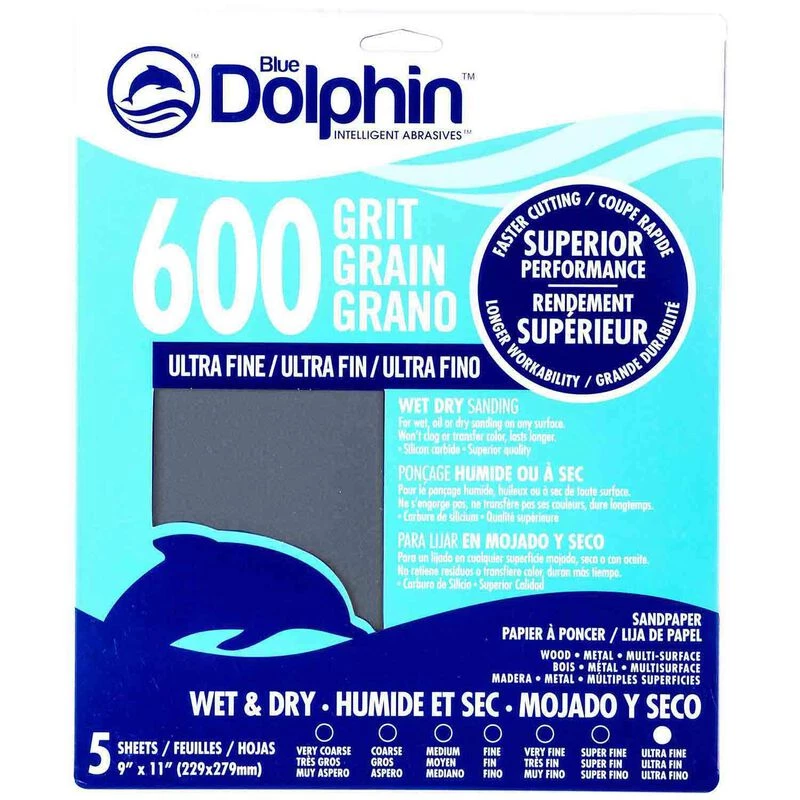 BLUE DOLPHIN Wet/Dry Sandpaper Sheets, 600 Grit, 5-Pack