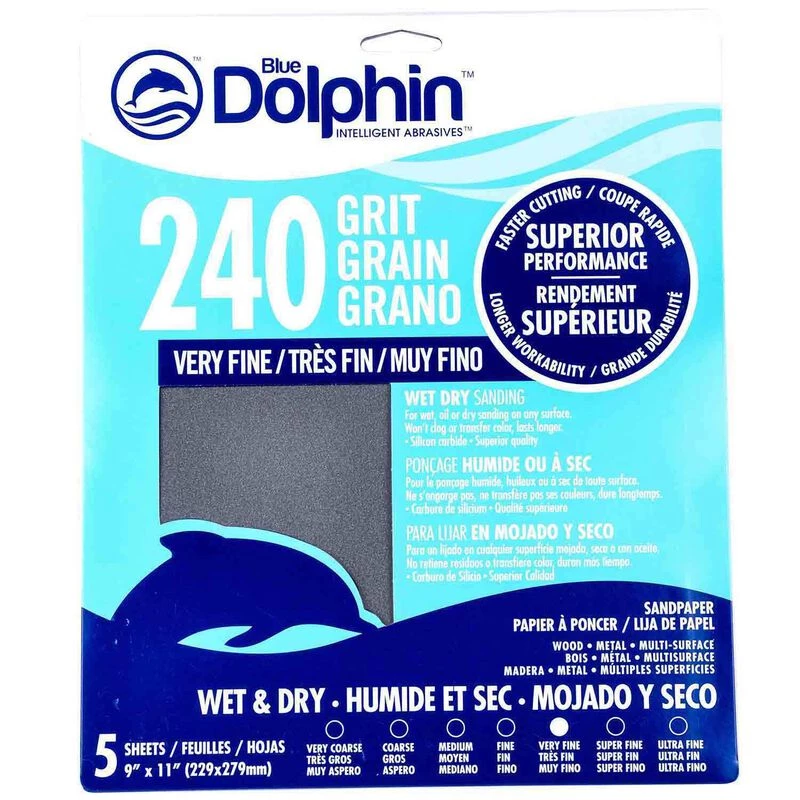 BLUE DOLPHIN Wet/Dry Sandpaper Sheets, 240 Grit, 5-Pack