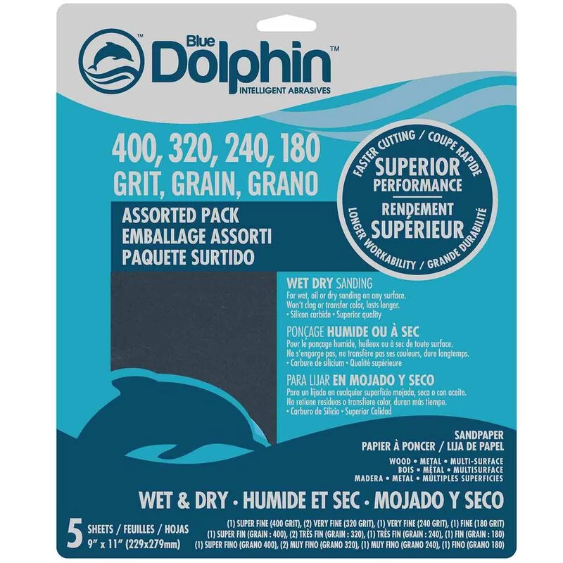 BLUE DOLPHIN Wet/Dry Sandpaper Sheets, Assorted Grit, 5-Pack