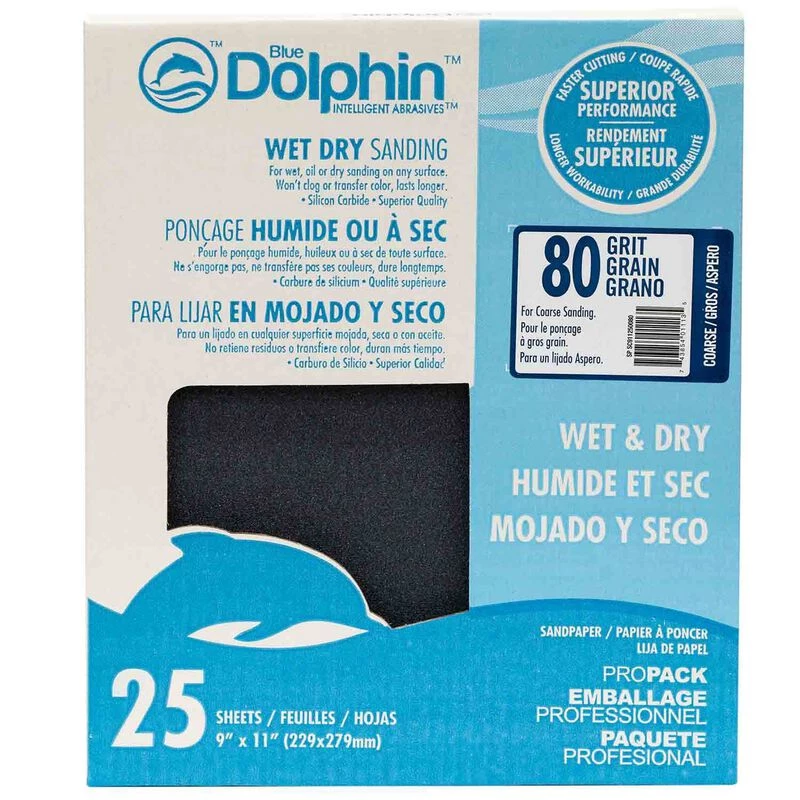 BLUE DOLPHIN Wet/Dry Sandpaper Sheets, 80 Grit, 25-Pack