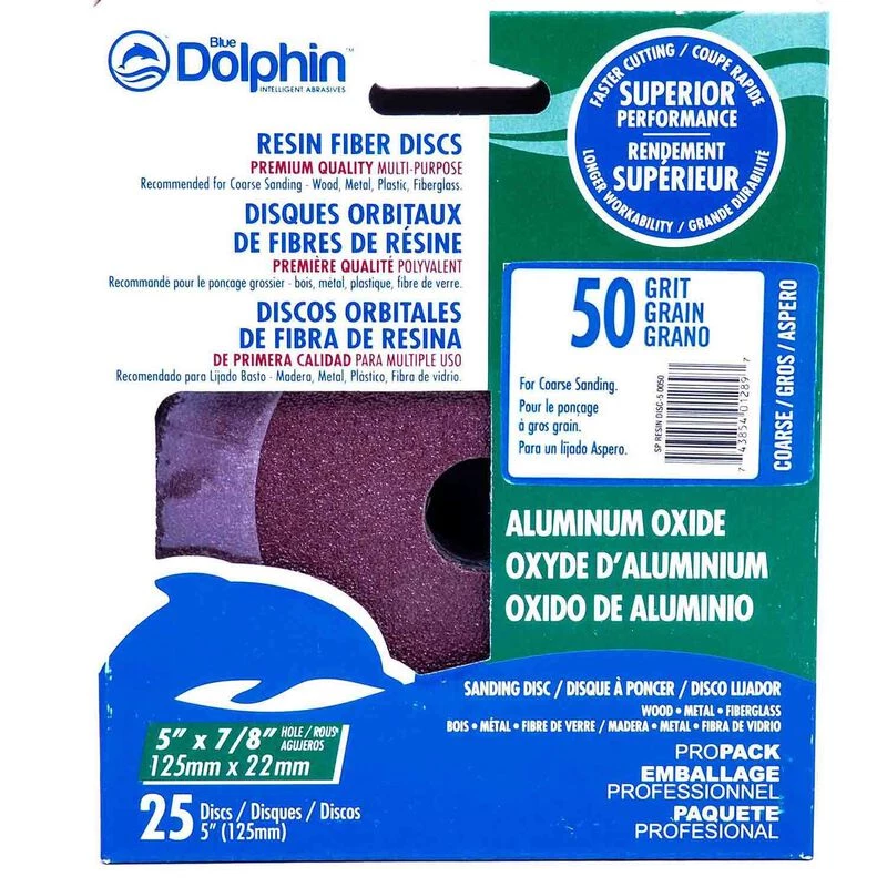 BLUE DOLPHIN 5" Premium Quality Resin Fiber Discs, 50-Grit, 25-Pack